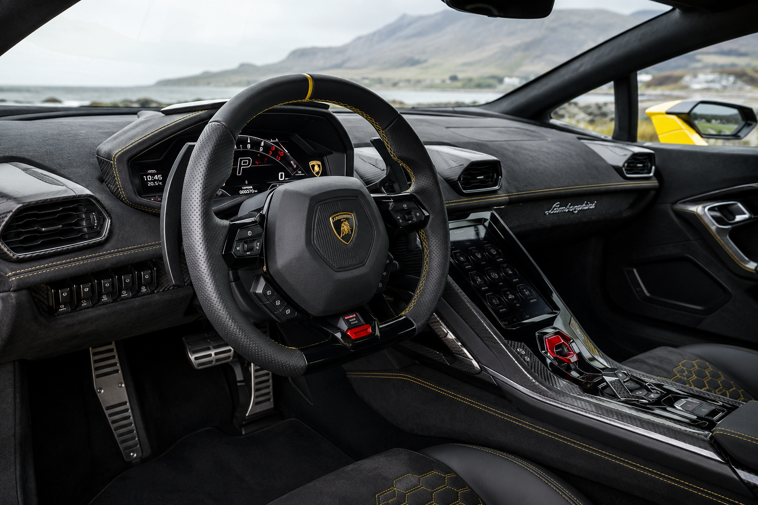 Lamborghini interior with carbon fiber dashboard