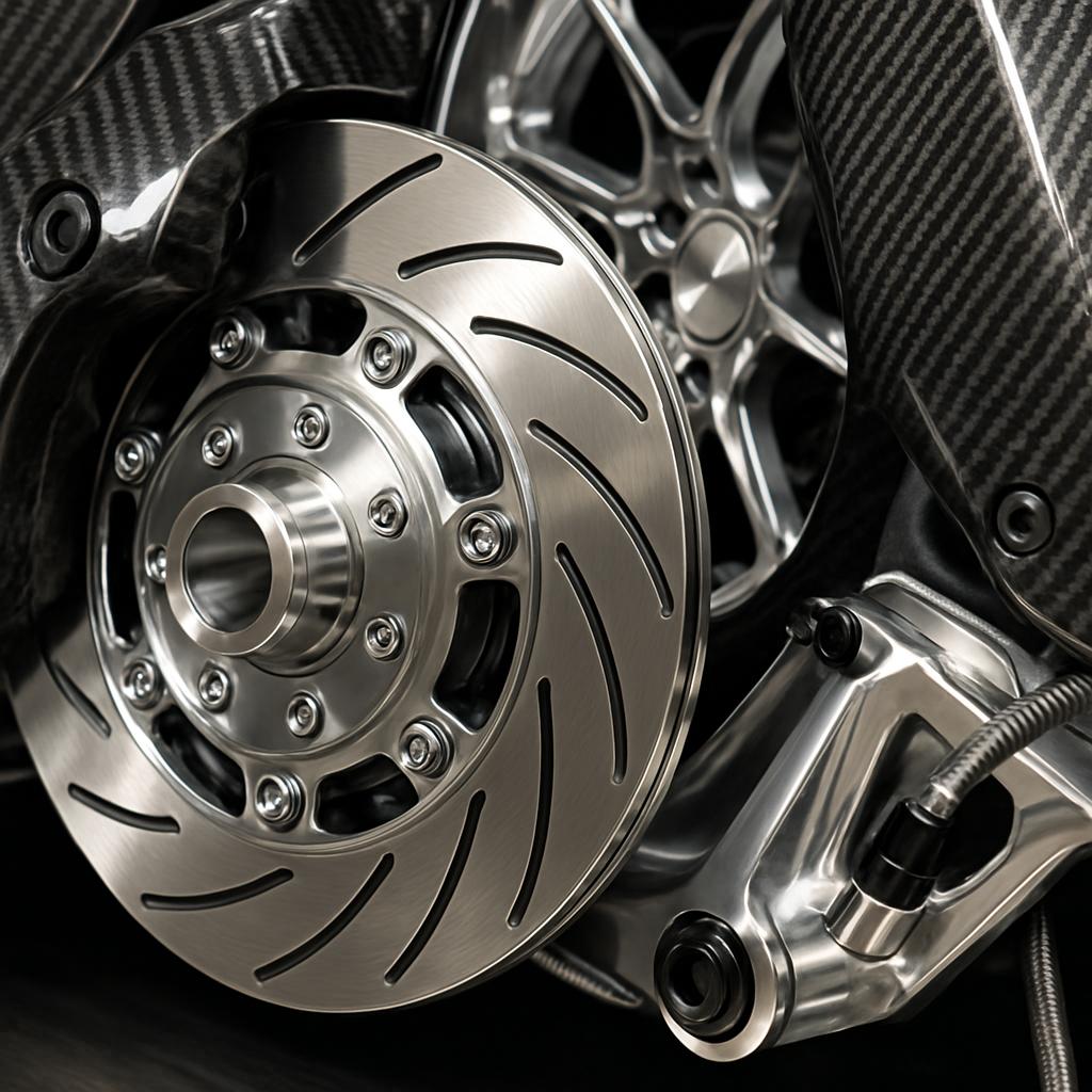 A close-up shot of high end automotive parts, showcasing luxury materials like carbon fiber and polished aluminum, highlighting intricate designs and engineering