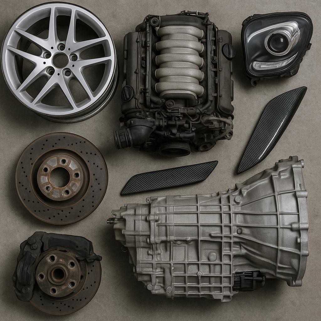 Assorted used luxury car parts including an alloy wheel, V8 engine, headlight, brake discs with calipers, carbon fiber trim, and an automatic transmission laid out on a gray surface